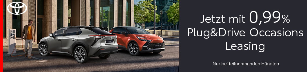 Aktion: Die Aktion ist auf allen Toyota Elektro und Plug-in Hybrid Occasion Plus Fahrzeugen und bei teilnehmenden Toyota Partnern gültig.