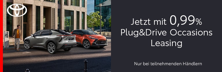 Aktion: Die Aktion ist auf allen Toyota Elektro und Plug-in Hybrid Occasion Plus Fahrzeugen und bei teilnehmenden Toyota Partnern gültig.