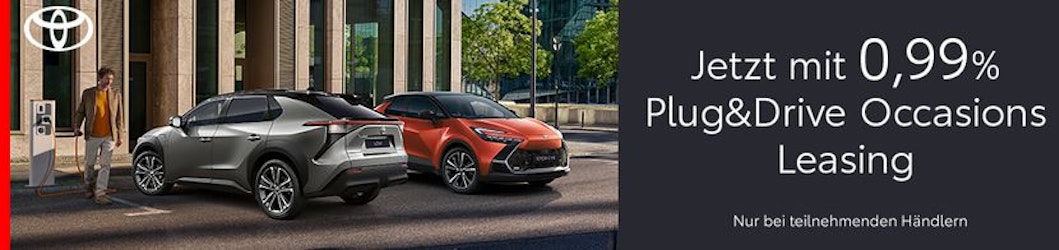 Die Aktion ist auf allen Toyota Elektro und Plug-in Hybrid Occasion Plus Fahrzeugen und bei teilnehmenden Toyota Partnern gültig.
